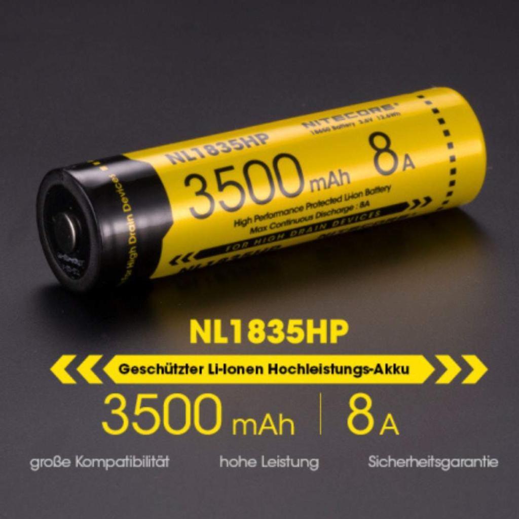 Nitecore NL1835HP Li-Ion Akku Typ 18650 hat eine Kapazität von 3500mAh und kann Ströme bis 8A leisten.